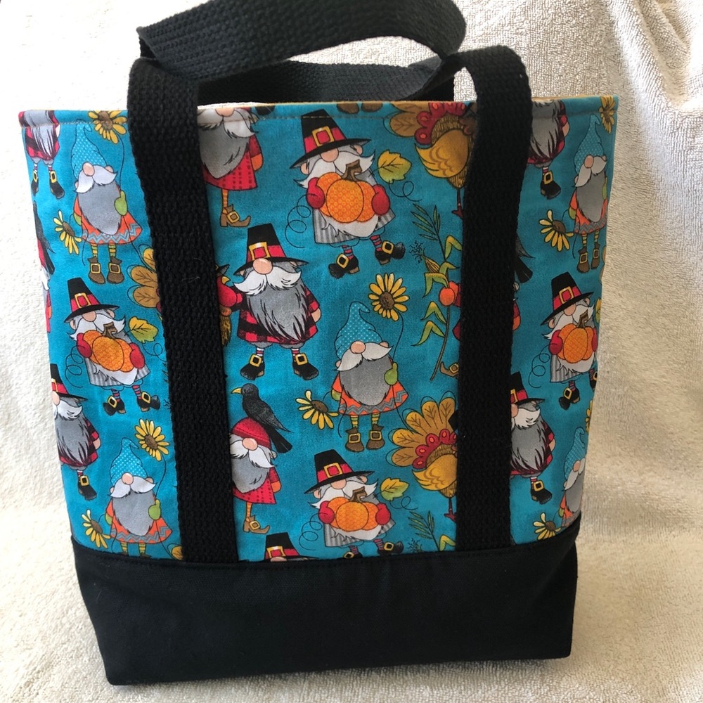 Sm Gnome Tote Pumpkins Turkeys Pilgrims Sunflower Red Buffalo Check Thanksgiving